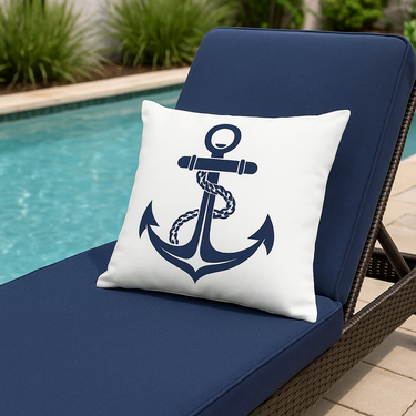 White pillow with a blue anchor design on a navy lounge chair by a pool.